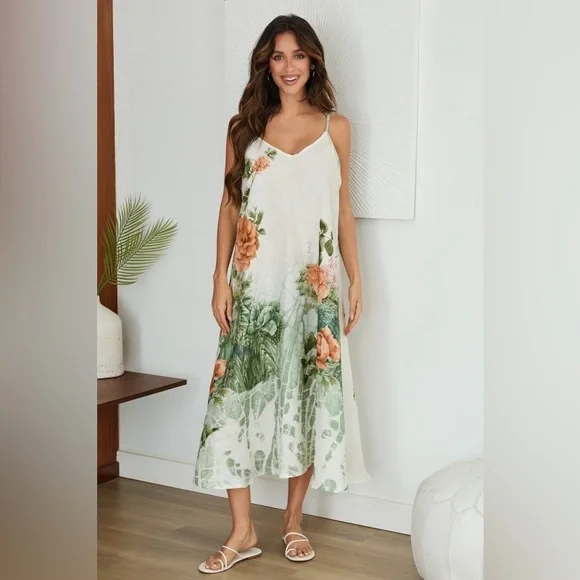 (19190-ROSEPOND) SPAGHETTI STRAP ROSES PRINT LINEN DRESS - Picture 1 of 3